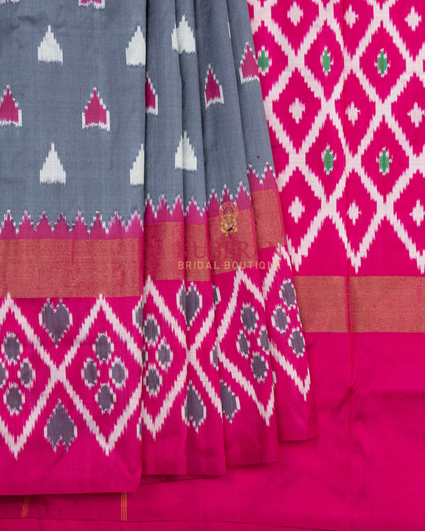 Kuberan Pochampally Grey With Pink Border Silk Sarees