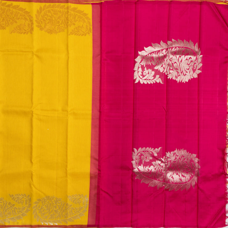 Yellow Linen Kanchipuram Silk Saree with Pink Border