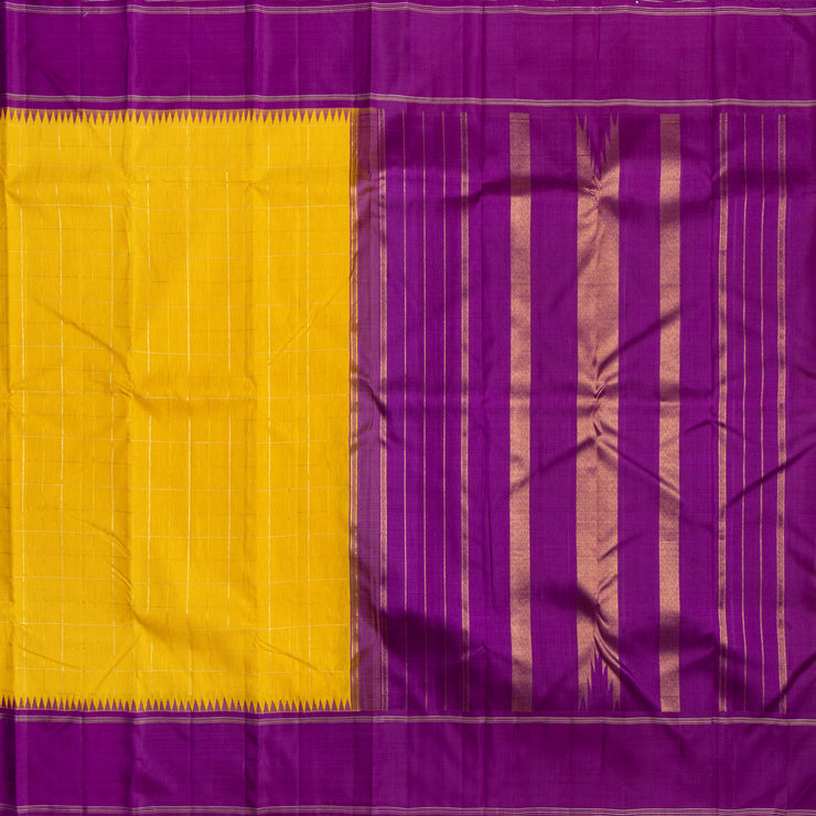 Yellow Linen Kanchipuram Silk Saree with Purple Border 