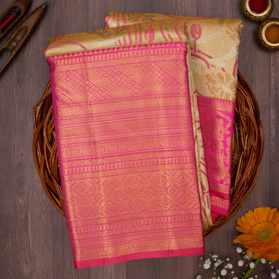 Cream Gold with Pink Border Kanchivaram Silk Saree