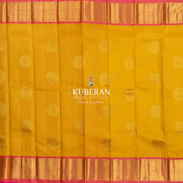 Yellow with Pink Border Organza Kanchipuram Silk Saree