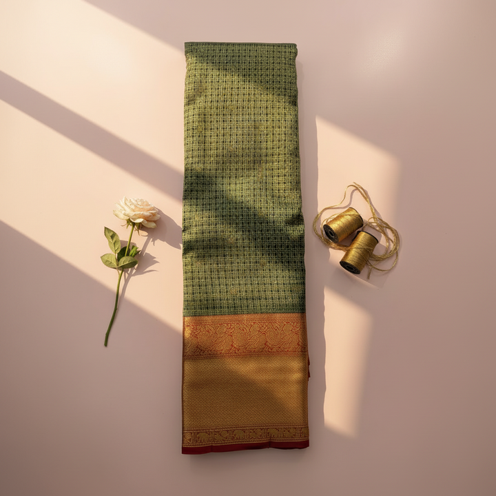 kuberan Green  green  Checkered Pattern and Orange Border Kanchipuram Silk Saree