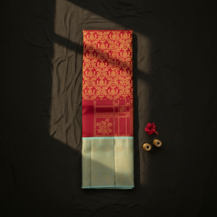 kuberan Red Gold Paisley motif and Mint Green Border Kanchipuram Silk Saree