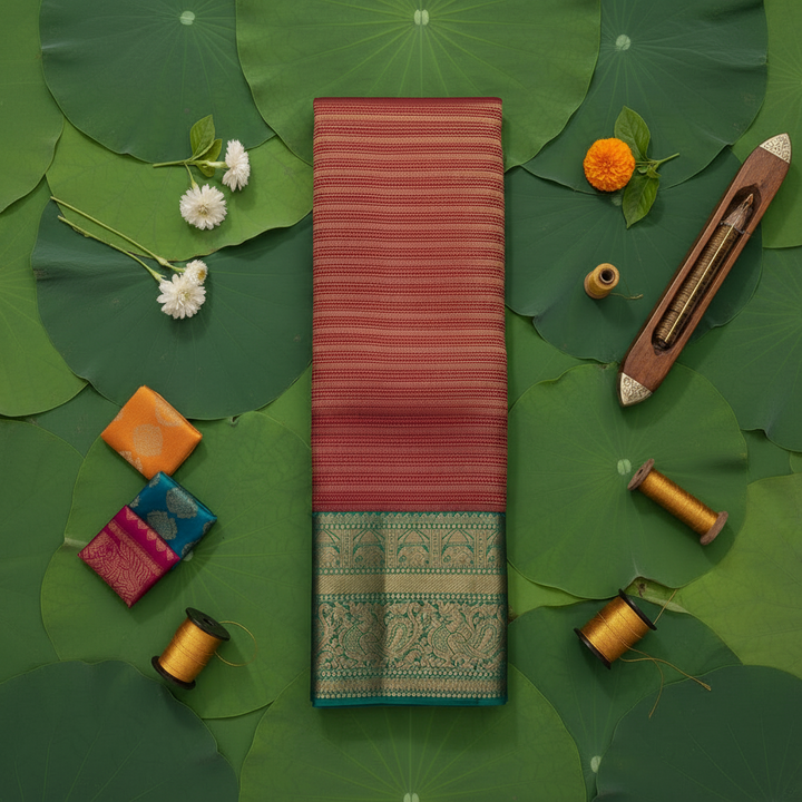 kuberan maroon Red Gold Striped Pattern and Green Border Kanchipuram Silk Saree