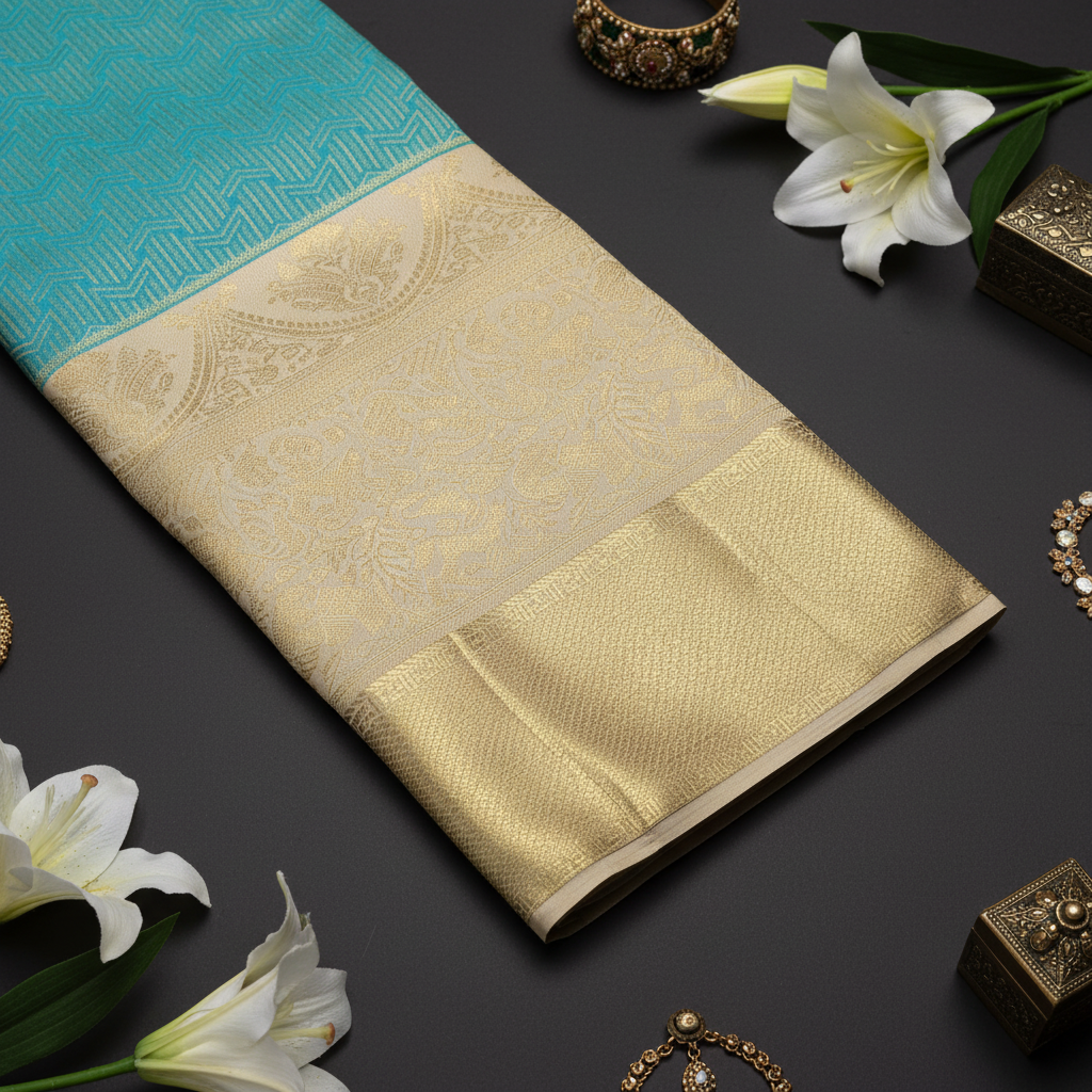 Kuberan Turquoise and Gold Kanchipuram Silk Saree
