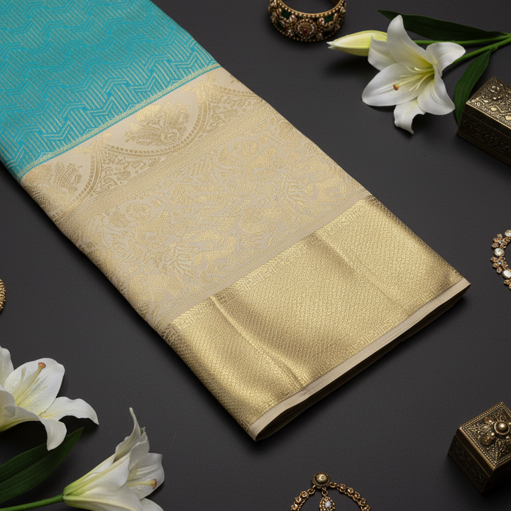 Kuberan Turquoise and Gold Kanchipuram Silk Saree