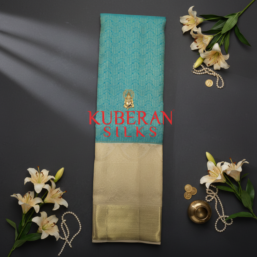 Kuberan Turquoise and Gold Kanchipuram Silk Saree