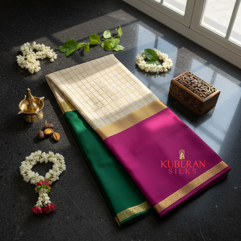 Kuberan Cream, Green, and Magenta Tri-Color Mysore Silk Saree