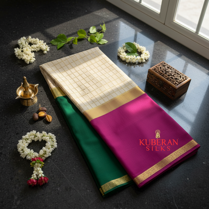 Kuberan Cream, Green, and Magenta Tri-Color Mysore Silk Saree