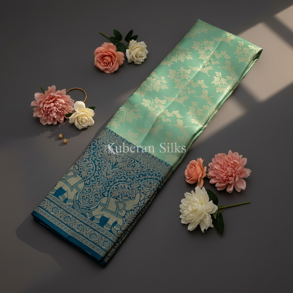 Kuberan Mint Green and Teal Kanchipuram Silk Saree