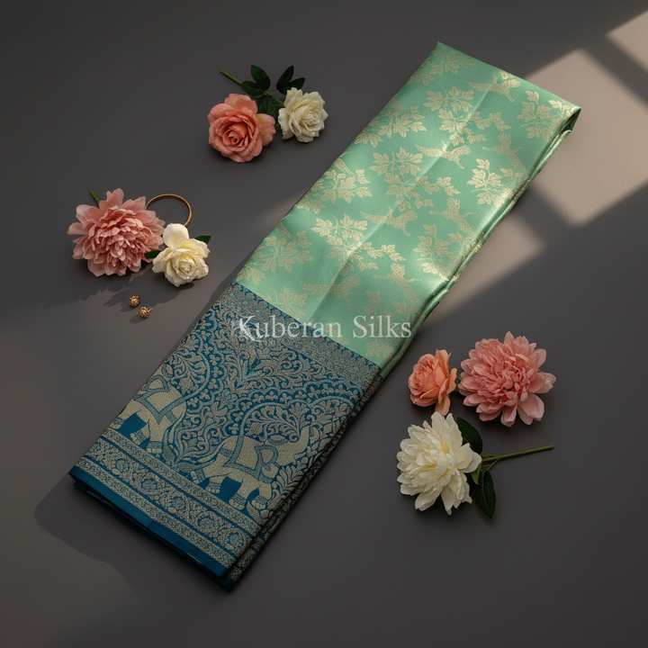 Kuberan Mint Green and Teal Kanchipuram Silk Saree