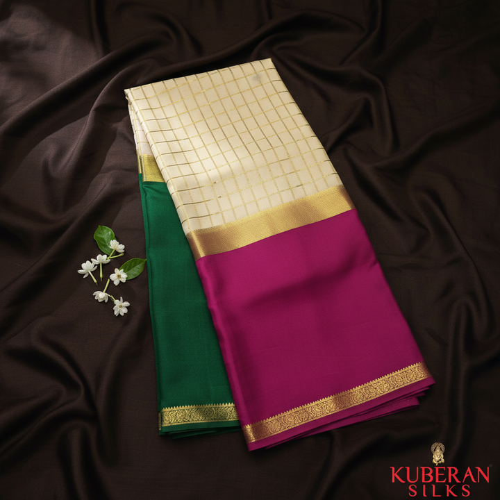 Kuberan Cream, Green, and Magenta Tri-Color Mysore Silk Saree