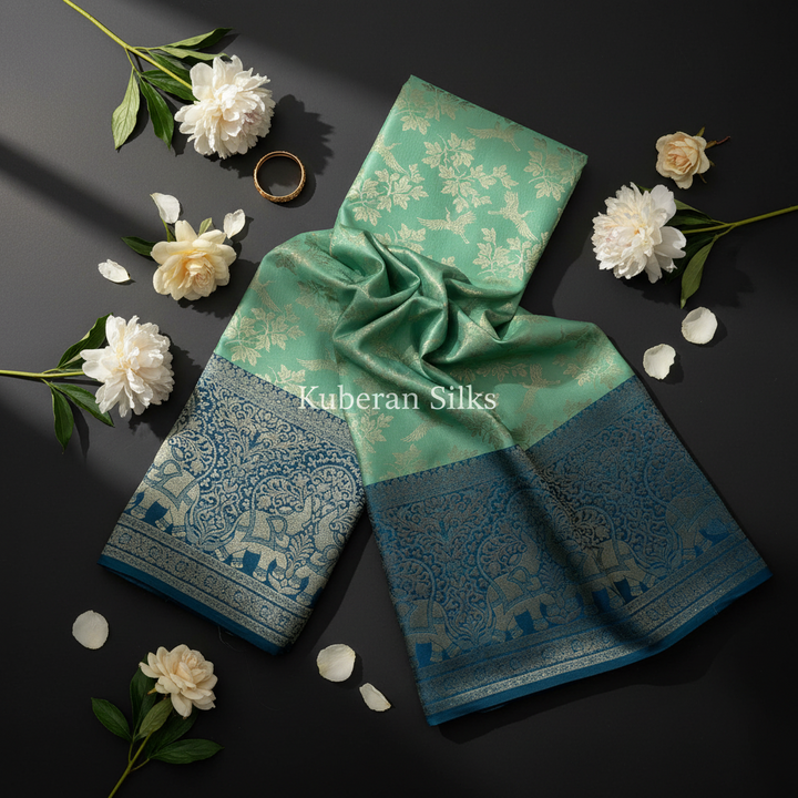 Kuberan Mint Green and Teal Kanchipuram Silk Saree