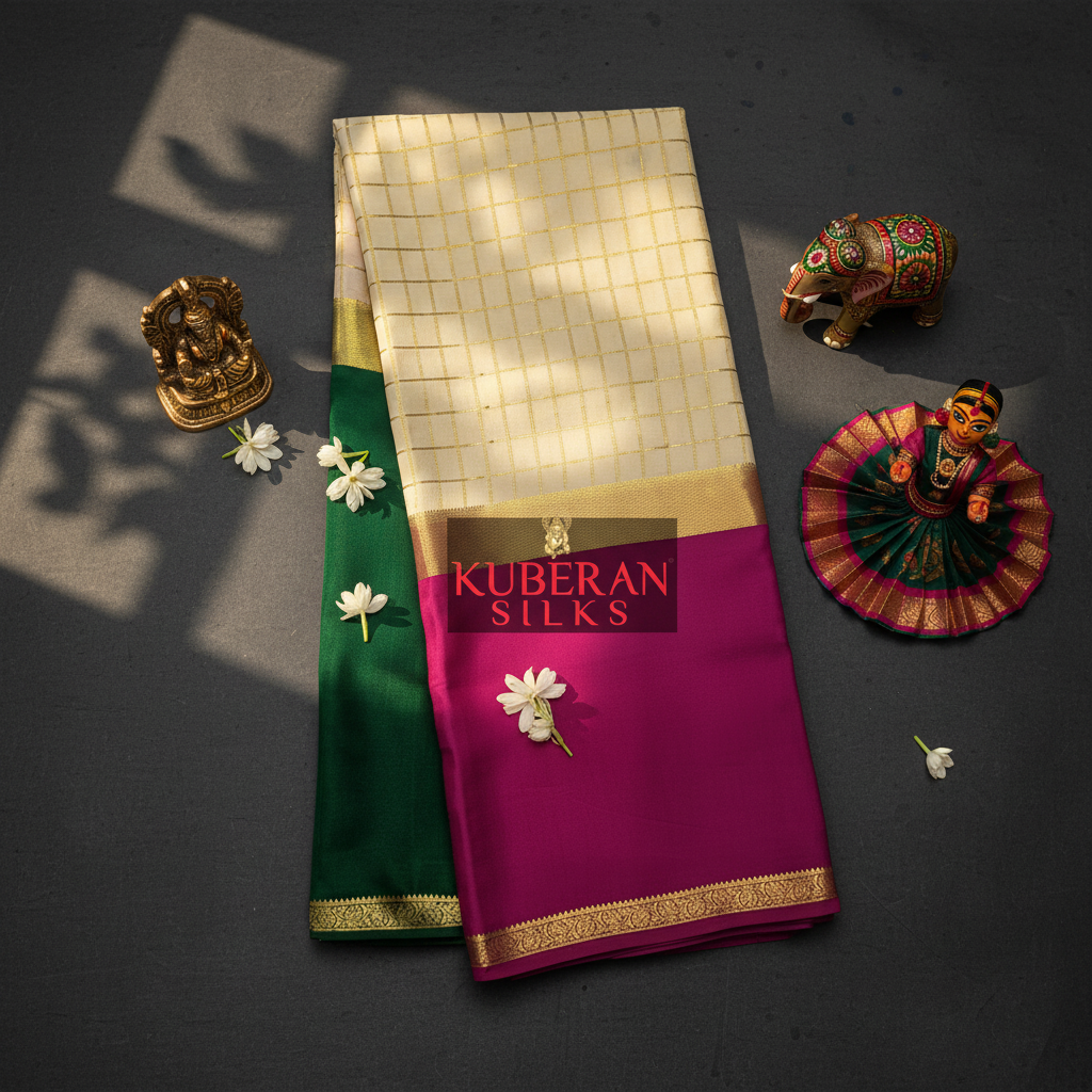 Kuberan Cream, Green, and Magenta Tri-Color Mysore Silk Saree