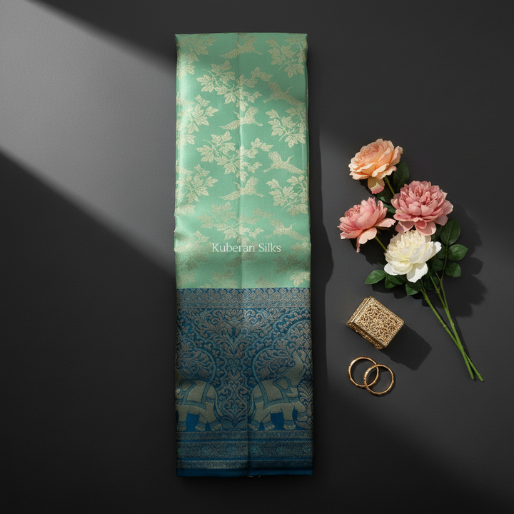 Kuberan Mint Green and Teal Kanchipuram Silk Saree
