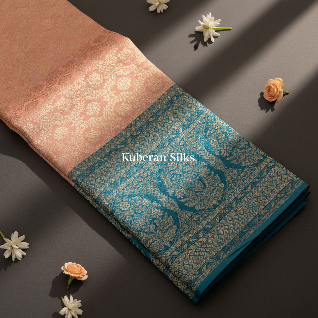 Kuberan Pink and Teal Kanchipuram Silk Saree