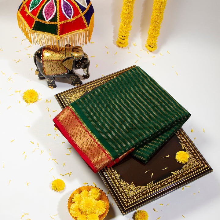 Kuberan Bottle Green With Cherry Red  Mysore Silk Saree