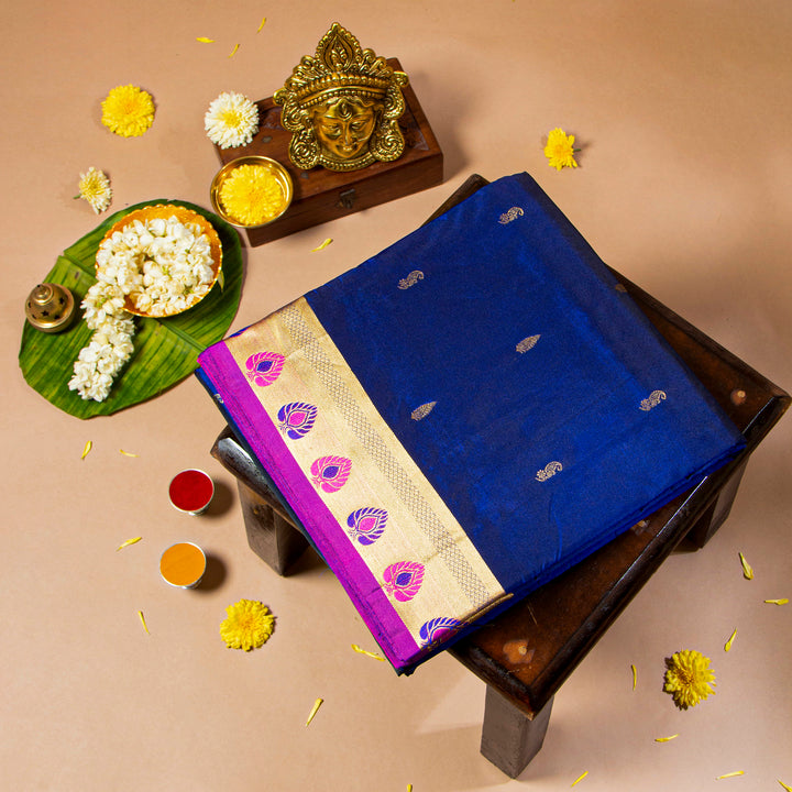 Kuberan Sapphire Blue With Purple 9 Yards Silk Saree