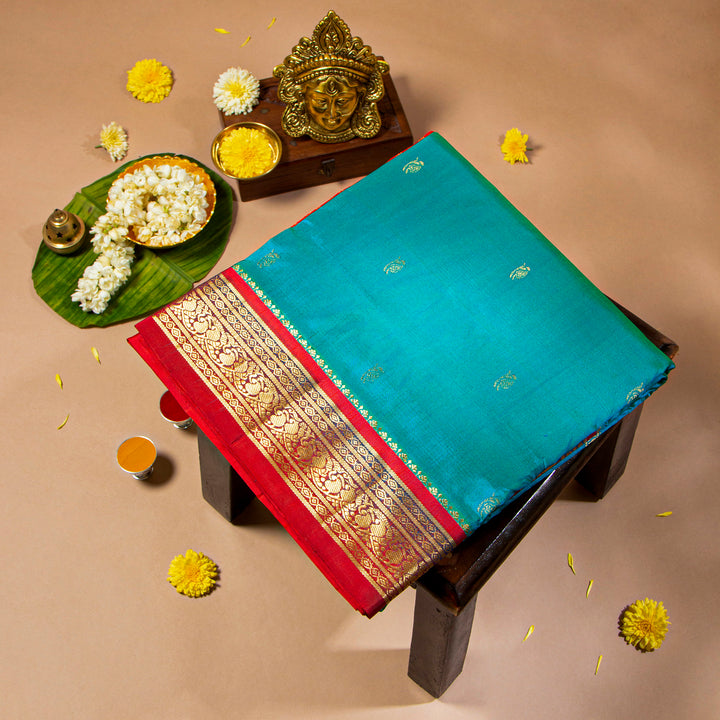 Kuberan Dark Turquoise Blue With Red 9 Yards Silk Saree