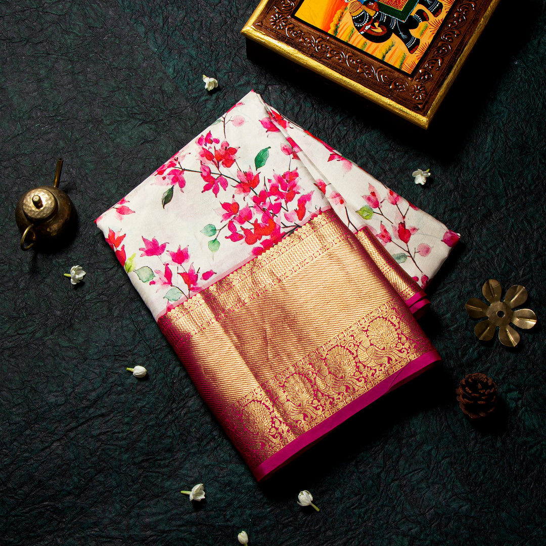 kuberan off white and pink kanchipuram saree