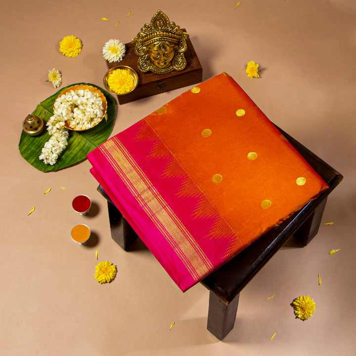 Kuberan Deep Orange With Pink 9 Yards Silk Saree