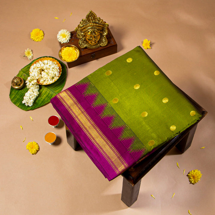 Kuberan Pea Green With Rich Purple  9 Yards Silk Saree