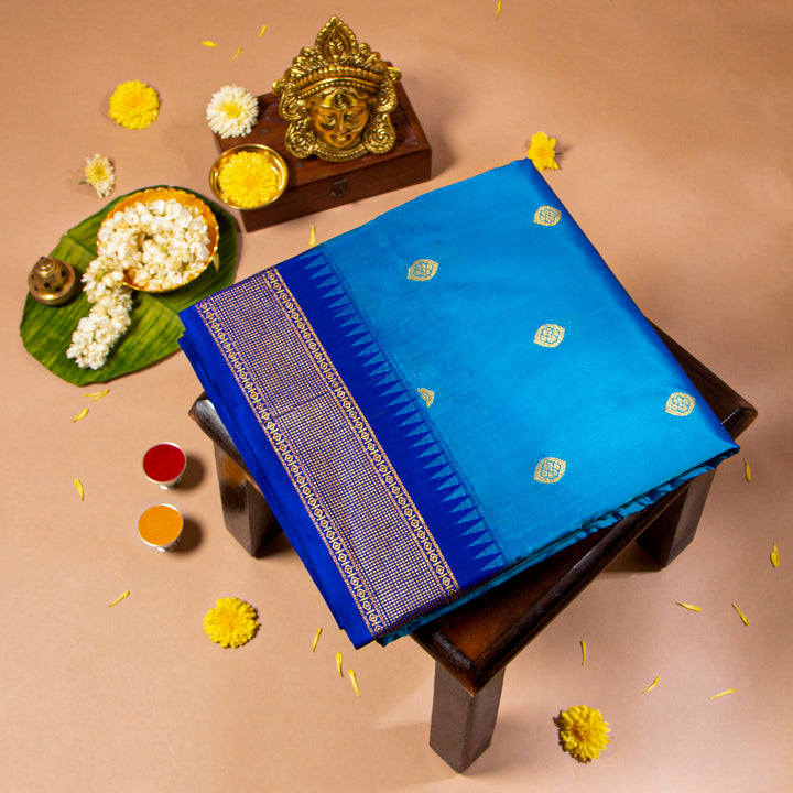 Kuberan Sky Blue With Navy Blue 9 Yards Silk Saree