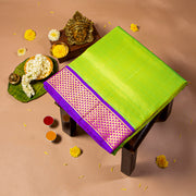 Kuberan Bright Green With Vibrant Purple 9 Yards Silk Saree
