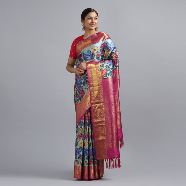Kuberan Sky Blue Kalamkari Saree