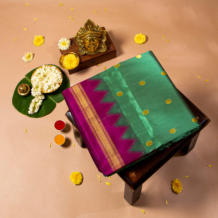 Kuberan Dark Pastel Green With Plum Velvet 9 Yards Silk Saree