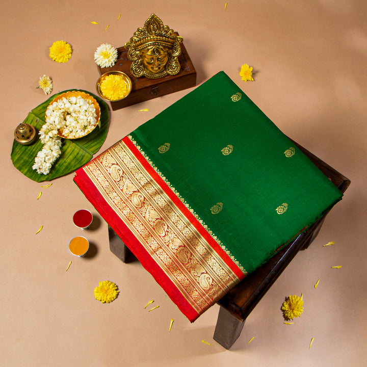 Kuberan Bottle Green With Red 9 Yards Silk Saree