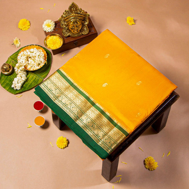 Kuberan Yellow With Bottle Green 9 Yards Silk Saree