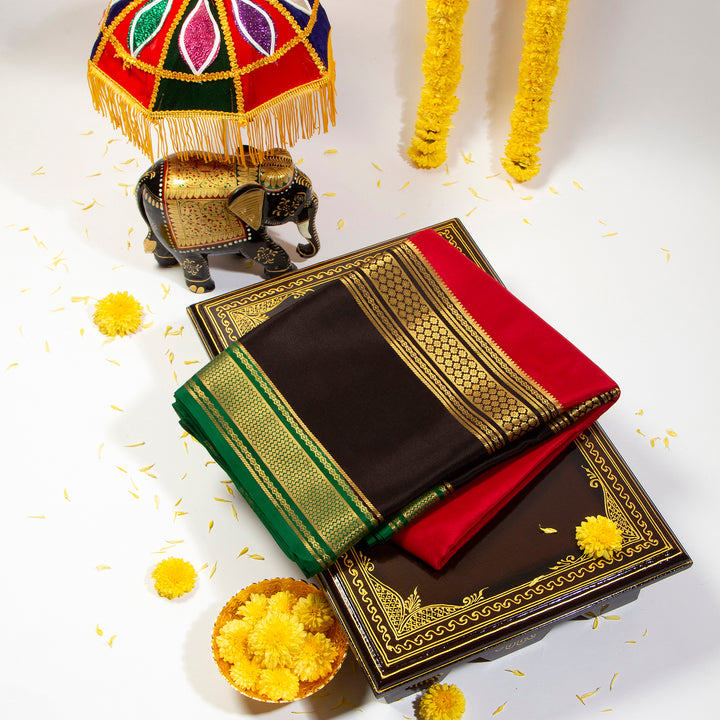 Kuberan Cherry Red With Smoky Black Mysore Silk Saree