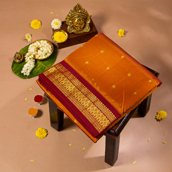 Kuberan Rusty Orange With Wine Red 9 Yards Silk Saree