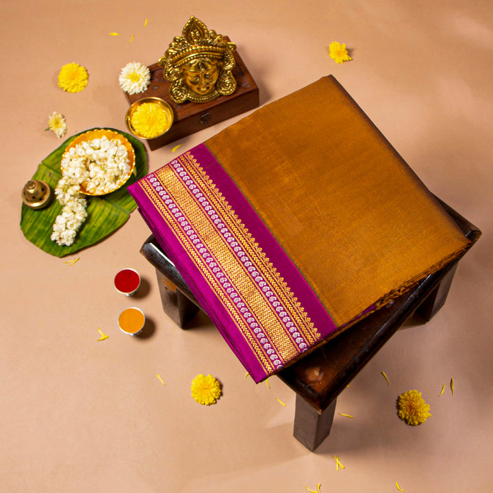 Kuberan Orange Brown With Purple 9 Yards Silk Saree