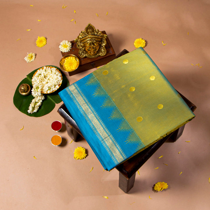 Kuberan Olive Yellow With Teal Blue 9 Yards Silk Saree