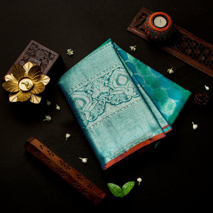 Kuberan Silver Teal Blue Kanchivaram Saree