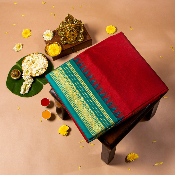 Kuberan Red Berry With Dark Aqua 9 Yards Silk Saree