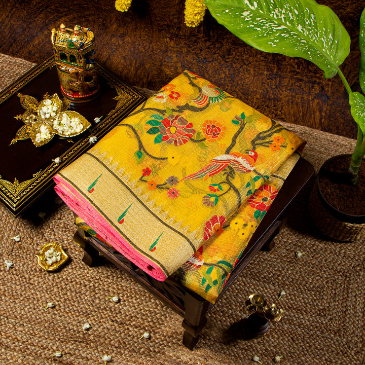 Kuberan Yellow Kora Silk Saree With Paithani Border
