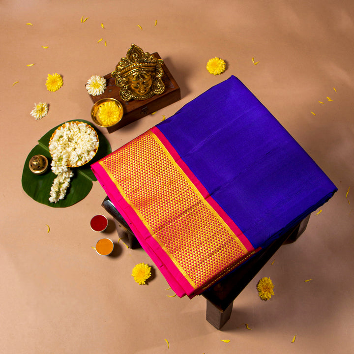 Kuberan Persian Indigo With Rose Red 9 Yards Silk Saree