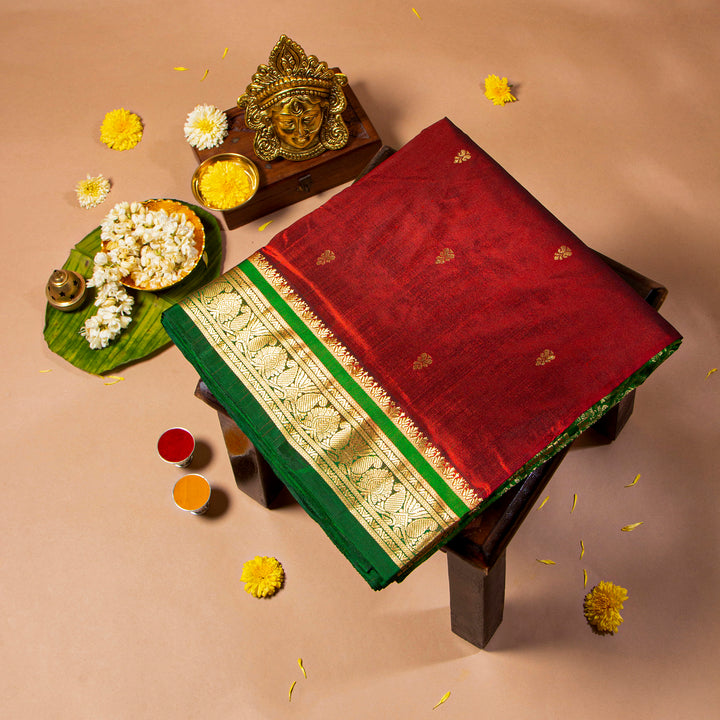 Kuberan Wine Red With Bottle Green 9 Yards Silk Saree