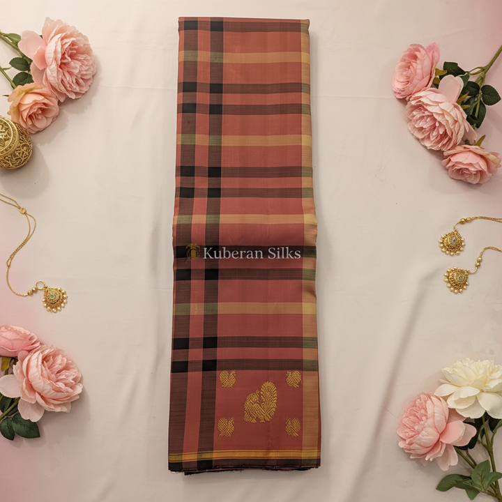 Kuberan Coral and Brown Kanchipuram Silk Saree
