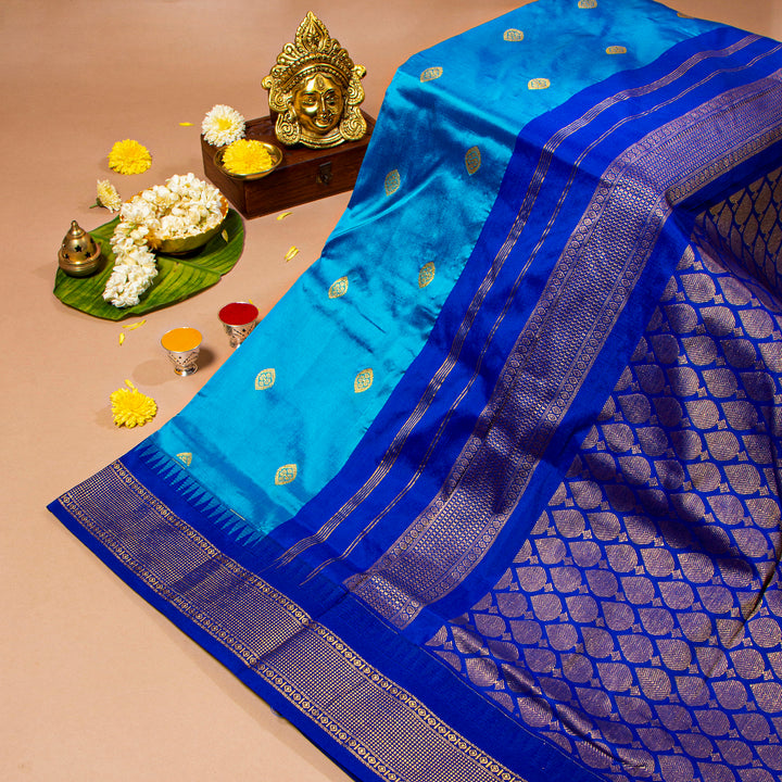 Kuberan Sky Blue With Navy Blue 9 Yards Silk Saree