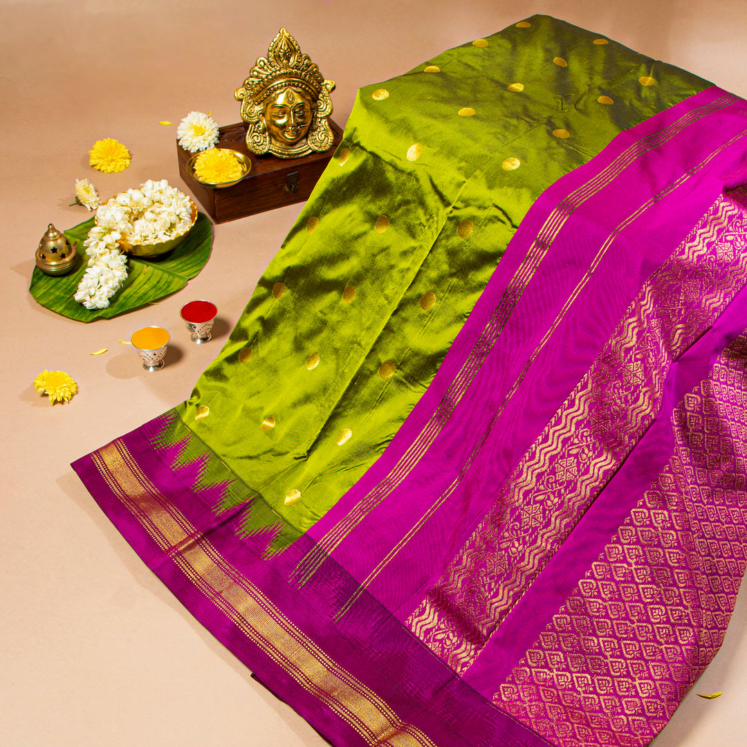 Kuberan Pea Green With Rich Purple  9 Yards Silk Saree