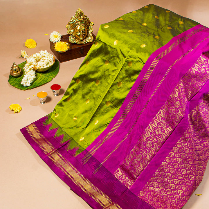 Kuberan Pea Green With Rich Purple  9 Yards Silk Saree