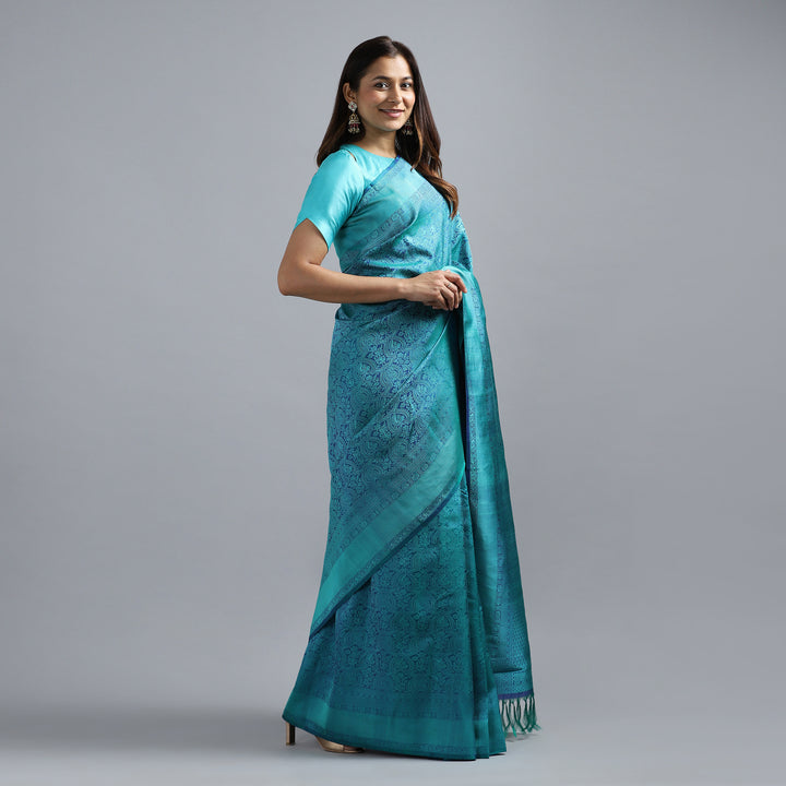 Kuberan Blue Kanchivaram Jamdani Work  Silk Saree