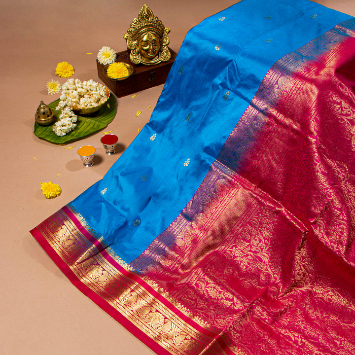 Kuberan Blue With Pink 9 Yards Silk Saree