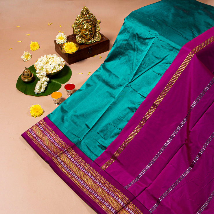 Kuberan Dark Teal With Rich Purple 9 Yards Silk Saree