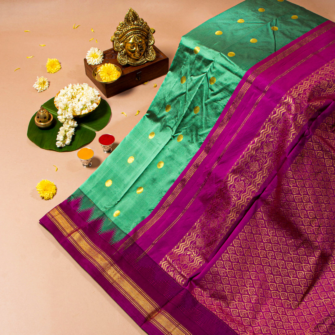 Kuberan Dark Pastel Green With Plum Velvet 9 Yards Silk Saree