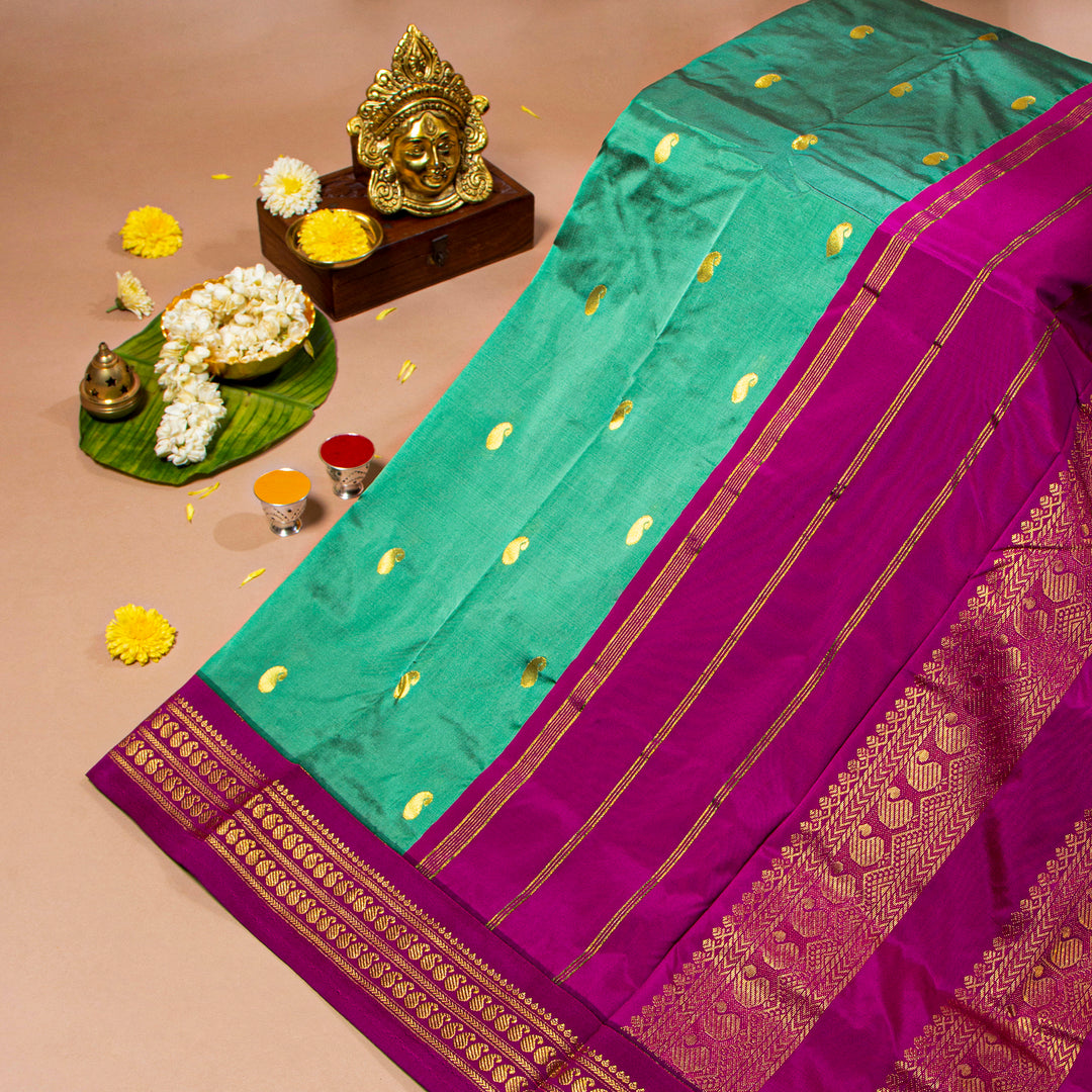Kuberan Greenish Teal With Purple 9 Yards Silk Saree